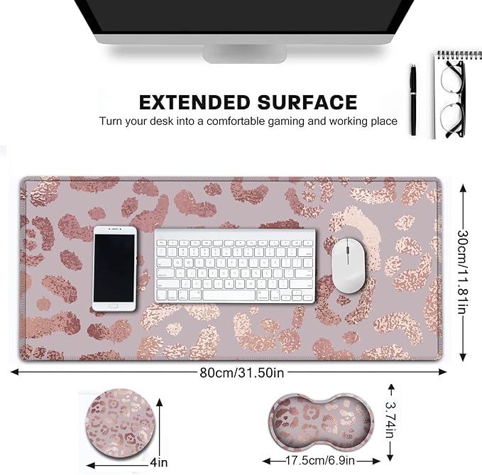 Large Gaming Mouse Pad, 31.5x11.8 in Extended Computer Mouse Mat with Non-Slip PU Base, Ergonomic Memory Foam Keyboard Wrist Rest, for Work & Gaming, Office Desk Pad Rose Gold Leopard Pink