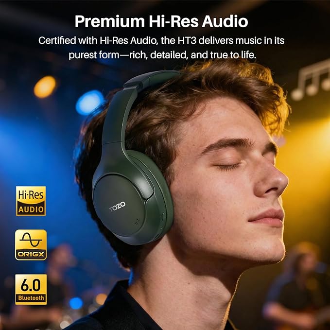 TOZO HT3 Hybrid Noise Cancelling Headphones, 90H Battery Life Wireless Over Ear Bluetooth 6.0 Foldable Headset, AI Voice Assistant with 5 Mics, Connect 2 Devices and Hi-Res Sound, 32 EQ Audio Presets