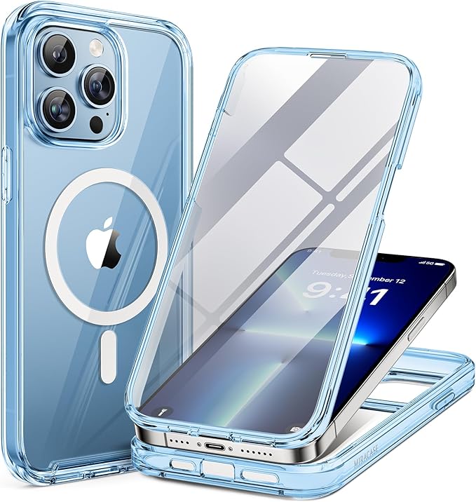 Miracase Magnetic for iPhone 13 Pro Max Case 6.7 inch, (Compatible with MagSafe) Upgrade Full-Body Clear Phone Bumper Case with Built-in 9H Tempered Glass Screen Protector, Magnetic Clear Blue