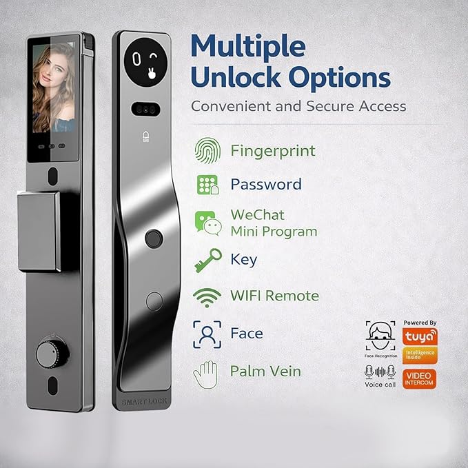 Zonixtec 3D Face Recognition Smart Lock with Camera, AI Palm Vine & Biometric Fingerprint Entry, Tuya App Remote Control, Digital Touchscreen Keypad, 6068 Mortise, Gray Aluminum Alloy