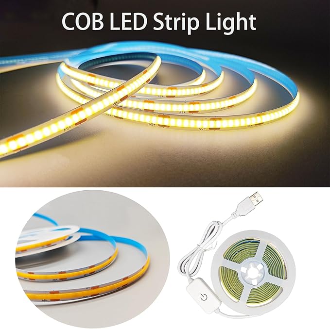 ZSLAIFU A 5V USB LED Light Strip, COB LED Strip Lights, White 5V LED Lights, Small LED Strip Light, TV Lights for TV Under Cabinet Kitchen Living Room Shelving or Displays (Warm 3.28ft)