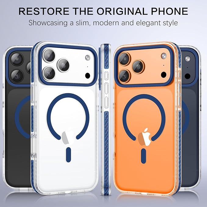 BENTOBEN Magnetic for iPhone 17 Pro Max Case 6.9", Compatible with Magsafe Military Shockproof Protective Bumper Cute Transparent Slim Anti-Yellowing Case for iPhone 17 Pro Max Cover, Clear Deep Blue