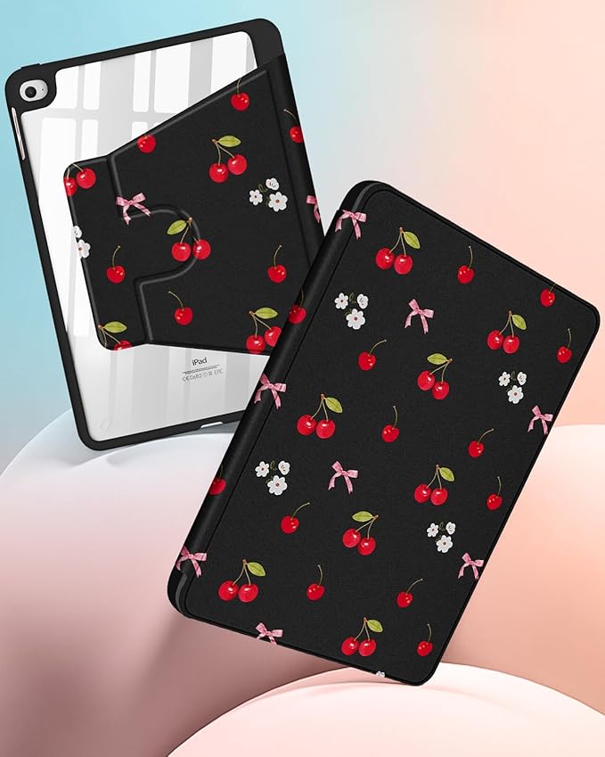 Uppuppy for iPad mini 4 Case for iPad mini 5th Generation Case - 360 Rotating Stand Folio Smart Cover with Pencil Holder for Women Girls, Cherry Bow Flowers for Apple Tablet Mini 7.9 inch 2019/2015
