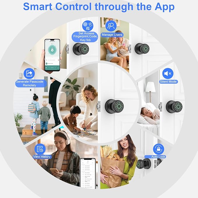 BIWIBON 5-in-1 Smart Door Knob, Fingerprint Door Knob with App Control, Smart Fingerprint Door Lock,Auto Lock, Ideal for Home, Bedroom, Office, Black