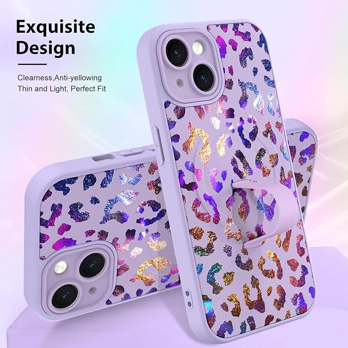KANGHAR Compatible with iPhone 15 Case, Support for MagSafe, Silicone Cute Iridescent Leopard Cheetah Pattern, Wristband Kickstand Shockproof Protective Slim Cover for Women Girls, Purple