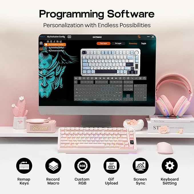 EPOMAKER X Aula EA75 MAX Wireless Gaming Keyboard with Screen & Knob, 5000mAh, Hot-Swap, Lubed Switches, RGB Backlit, Creamy Gasket, 75% Mechanical Keyboard (Pink, Reaper Switch)