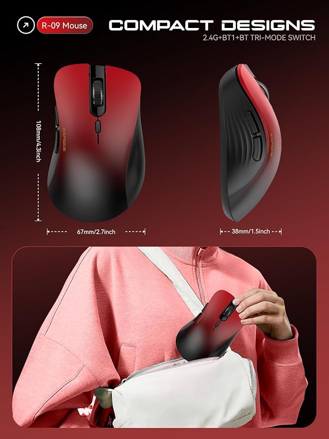 RAPIQUE Bluetooth Wireless Mouse - Dual Bluetooth & 2.4 GHz USB Receiver, Comfortable Grip, Quiet Clicks, Low Power - Multi-Device Compatibility for Laptop, Computer, iPad, MacBook (Gradient Red)