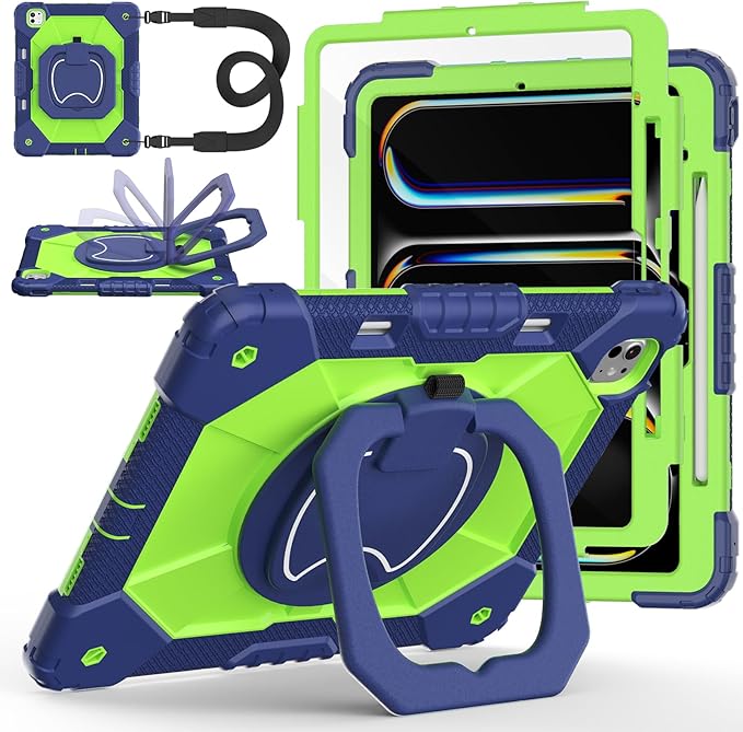 Case for iPad Pro 13 Inch M5 2025/ M4 2024, Ubearkk for iPad Pro 13 Inch case with Screen Protector, 360 Degree Rotating Stand Shoulder Strap Pencil Holder,Military Grade Shockproof, Navy Green