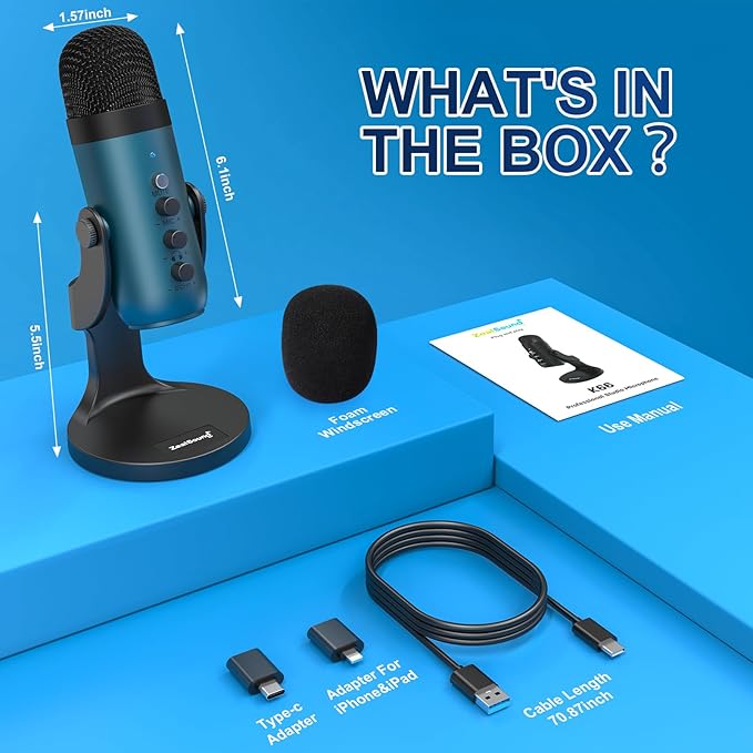 ZealSound USB Condenser Microphone,Computer PC Gaming Mic,Plug&Play Microphones for PS 4&5.Monitor Adjust&Volume Control,Mic Gain Control,Mute Button for TikTok,YouTube Podcast on Mac&Windows(Teal)