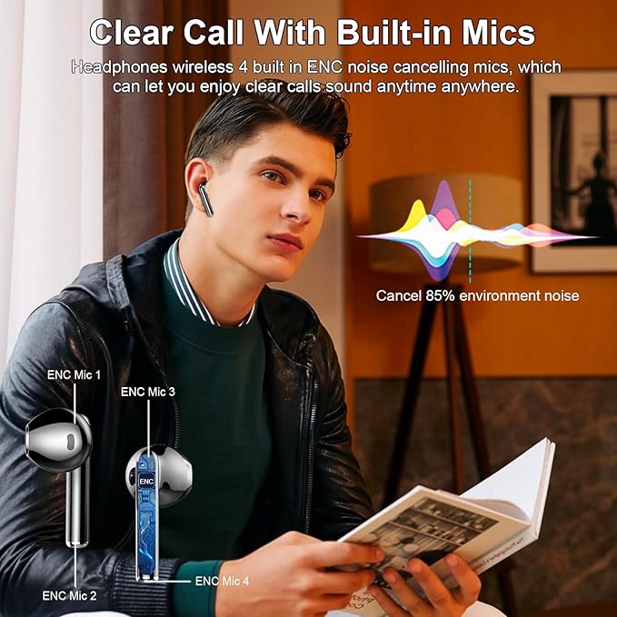 Wireless Earbuds, 2025 Bluetooth 5.3 Headphones HiFi Stereo Ear buds with ENC Noise Cancelling Mics, 40H Bluetooth Earbuds with Dual LED Display, IP7 Waterproof in Ear Earphones for Android iOS, Black
