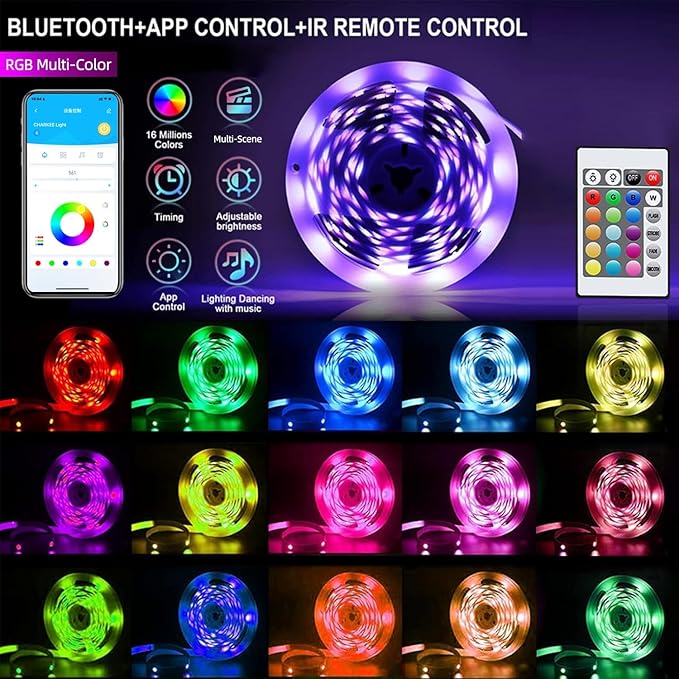 CHARKEE 110FT LED Strip Lights for Bedroom, RGB Color Changing Lights with Music Sync, Bluetooth App & Remote Control, 24V LED Light Strip for Room, Kitchen, Party & Home Decor (1 Roll)
