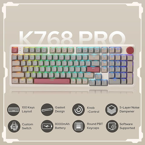 Redragon K768 PRO 100 Keys Wireless Gasket RGB Gaming Keyboard, Massive 8000 mAh PBT Mechanical Keyboard w/Hot-Swap Socket, Dedicated Knob Control & 5-Layer Noise Dampening, Custom Yolk Linear Switch