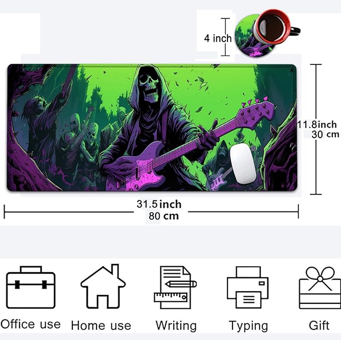 Large Mouse Pad, 31.5 x 11.8in Extended Gaming Mouse Pad with Stitched Edges, XXL Mousepad Protector Non Slip Rubber Base for Office and Home Writing Mat, Funy Skeleton Man Plays Guitar Desk Mat