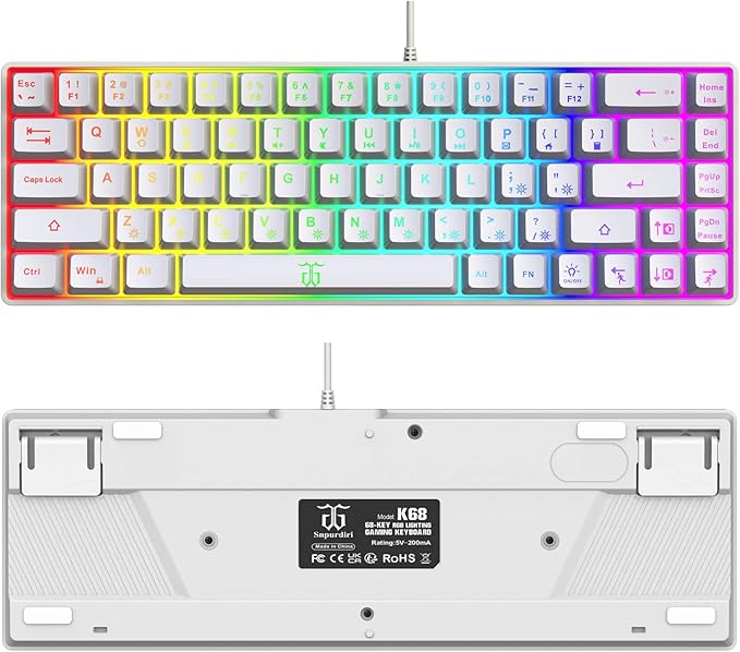 Snpurdiri 60% Percent Gaming Keyboard, Compact RGB Backlit Ergonomic Small Mini Keyboard for Windows, PC, Laptop, Gaming (68 Keys, White)