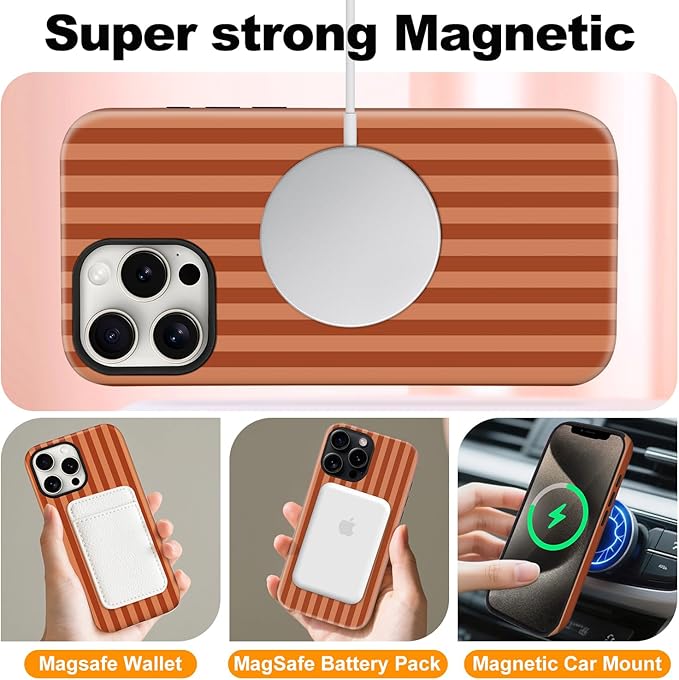 Magnetic for iPhone 16 Pro Case Cute Stripes Phone Case, Shockproof Slim TPU and Hard PC Protective Phone Cover Compatible with MagSafe Designed for Women Girls, Deep Brown
