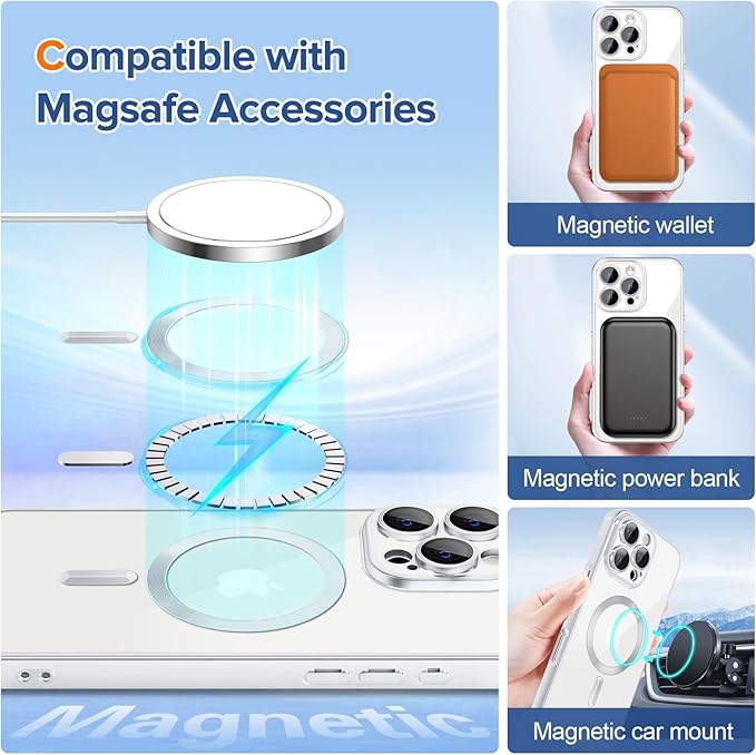 Hython Magnetic Clear for iPhone 16 Pro Case with Camera Lens Protector [Compatible with MagSafe] Luxury Plating Edge Slim Soft TPU Cover Protective Phone Case for iPhone 16 Pro 6.3", Matte Silver