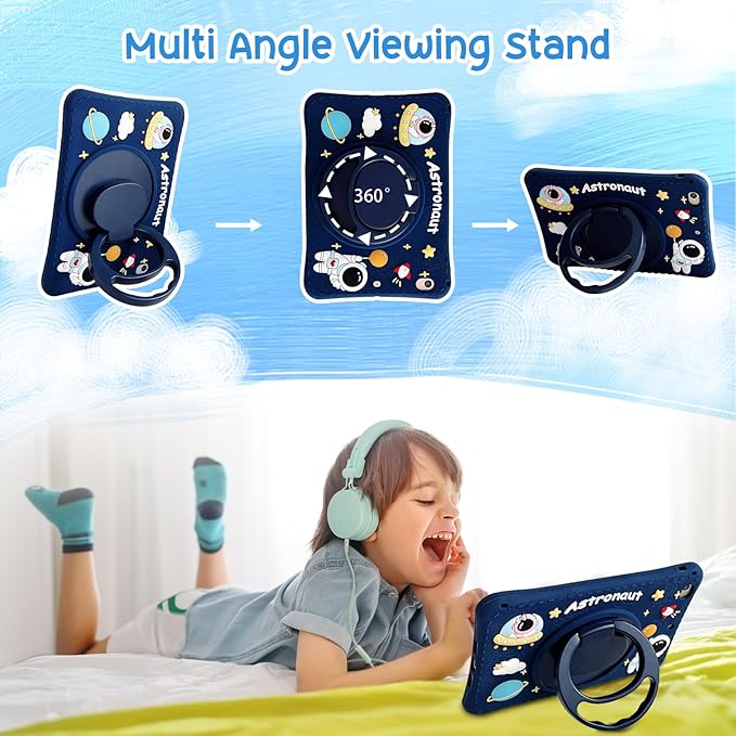 Cute Case for Apple iPad 9th 8th 7th Generation 10.2 Inch 2021/2020/2019 Model, EVA Kickstand Heavy Duty Shockproof Kids Friendly Bumper Case with Shoulder Strap Cover for iPad 10.2", Blue Astronaut