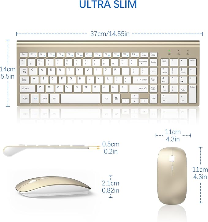 Wireless Keyboard and Mouse Ultra Slim Combo, TopMate 2.4G Silent Compact USB 2400DPI Mouse and Scissor Switch Keyboard Set with Cover, Batteries Included, for PC/Laptop/Windows/Mac - Gold White