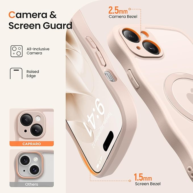 CAPRARO for iPhone 15 Plus Case with 360° Spin Magnetic Stand for Women, [Compatible with MagSafe] [Full Camera Protection] Cute Wave Translucent Matte Case for iPhone 15 Plus, Rose Gold