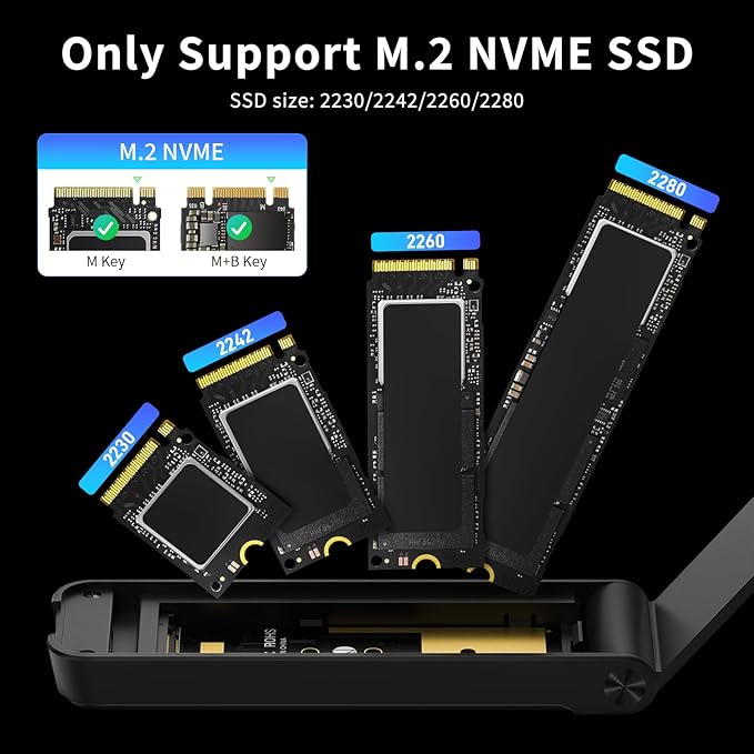 FIDECO M.2 NVMe SSD Enclosure, M.2 NVMe to USB Adapter, USB 3.2 Gen 2 (10Gbps) SSD Reader for M & M+B Key, Sandwich Style Design, Tool-Free Installation, Support UASP and Trim