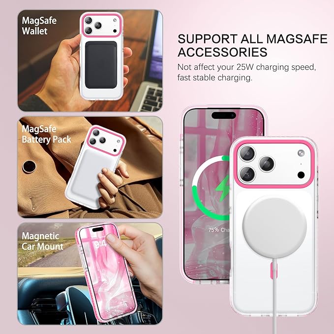 BENTOBEN Magnetic for iPhone 17 Pro Max 6.9" Case, Compatible with Magsafe Military Shockproof Protective Bumper Cute Transparent Slim Anti-Yellowing Case for iPhone 17 Pro Max Cover, Clear Hot Pink
