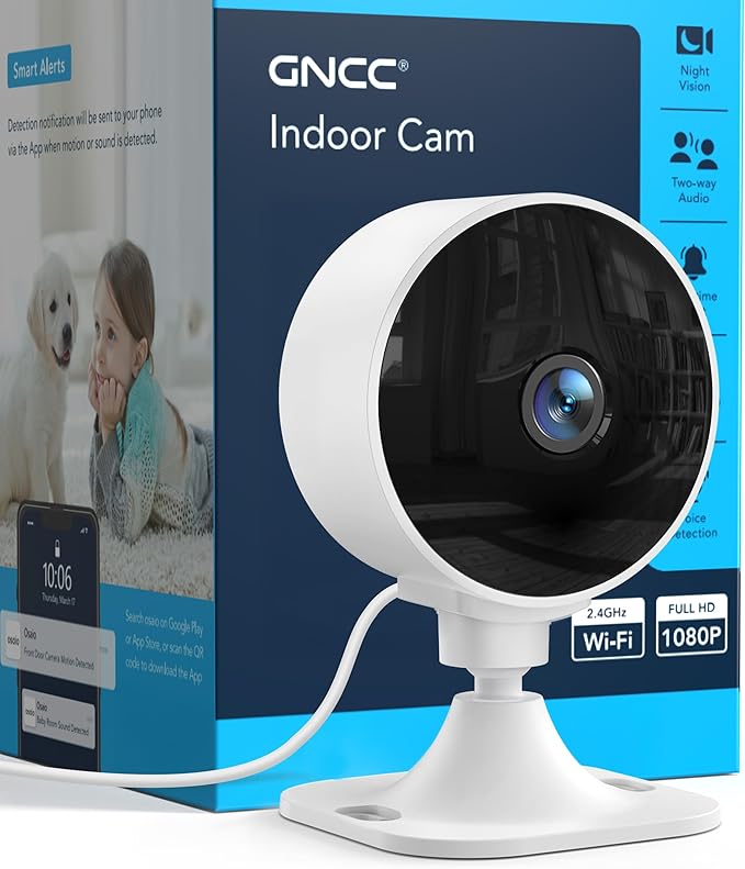 GNCC 2.4GHz Indoor Security Camera, 1080P Home Camera for Pet Monitoring, Motion Detection, Two-Way Audio, IR Night Vision, Easy Install, Cloud Storage Subscription Required, No 5GHz Support(1-Pack)