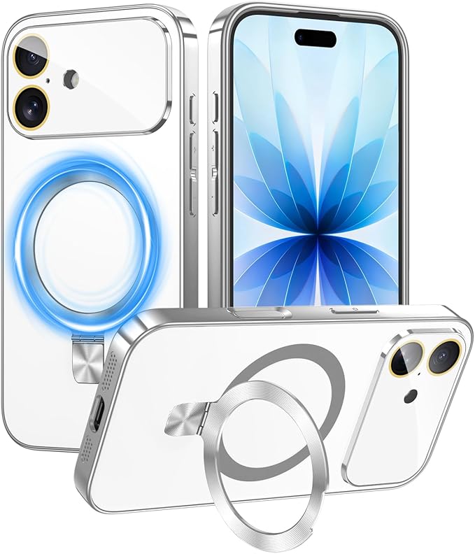 TOBOVON Magnetic for iPhone 17 Case with Ring Stand, Fits MagSafe, with Built-in Camera Lens Protector, Slim Electroplated Shockproof Phone Cover, Silver