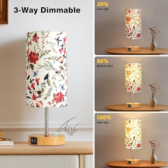 CINSARY Bedside Touch Lamp with Flower Fabric Shade, 3 Way Dimmable Wood Bedroom Lamp for Nightstand with 2 USB Charging Ports, Small Table Lamp for Living Room Reading Desk (LED Bulb Included)
