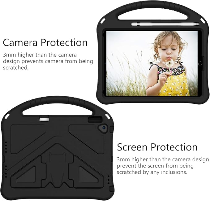 Kids Case for iPad 7th 8th 9th Gen/Air 3rd Gen/Pro 10.5", Techcircle Lightweight Shockproof EVA Foam Rugged Handle Stand Anti-Slip Grip Protective Case with Pencil Holder, Black