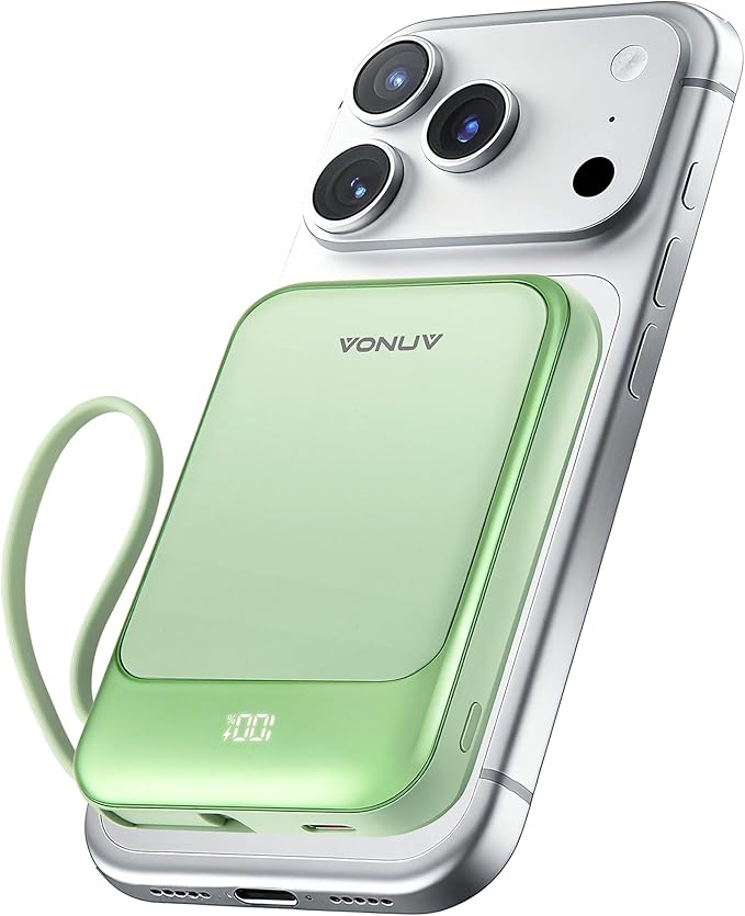 Magnetic Power Bank 10000mAh, Wireless Portable Charger with 15W Max Fast Charging & Built-in USB-C Cable, 22.5W PD LED Display Battery Pack Compatible with iPhone 17/16/15, Samsung Galaxy(green)