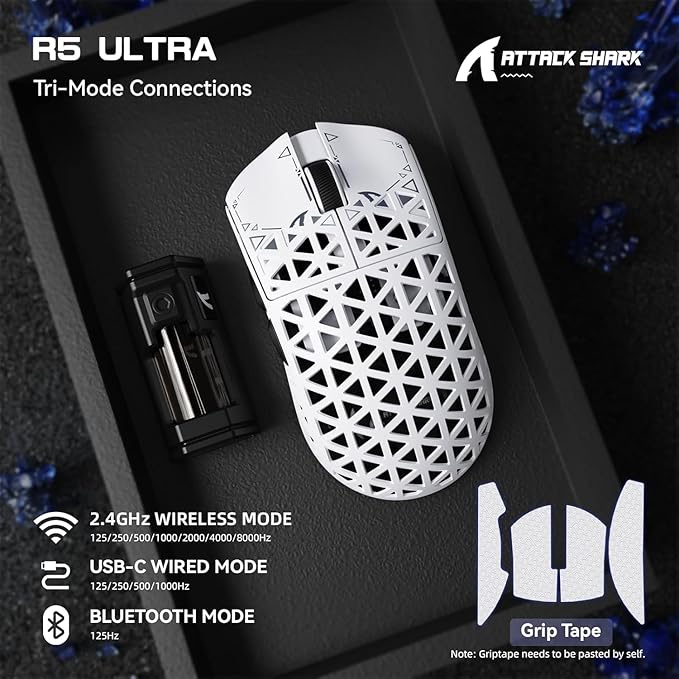 ATTACK SHARK R5 Ultra Wireless Gaming Mouse,Carbon Fiber Shell 39g Superlight,PAW3950MAX Optical Sensor Nordic 52840 MCU 8K Polling 42K DPI,Tri-Mode Programmable Mice with Coiled Cable-White&Griptape