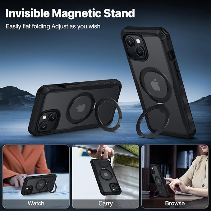 CENHUFO Privacy for iPhone 15 Plus Case, Full Body Phone Case [Compatible with Magsafe] Built-in 9H Tempered Glass Privacy Screen Protector and Magnetic Ring Stand, Clear Camera Lens Cover - Black