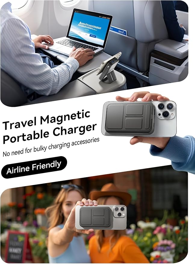 for Magsafe Power Bank, 10000mAh Wireless Portable Charger with Foldable Stand, 20W PD Fast Charging, Travel Essential for Magsafe Battery Pack, Compatible with iPhone 17/16/15/14 Series