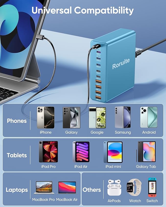 800W USB C Charging Station, 120W PD GaN5 Super Fast USB C Charger Block-10 Port, Type C for PC Laptop MacBook Pro/Air Charger Compatible with iPhone 17 16 15 14 13 12 Pro Max, iPad, Galaxy (Blue)