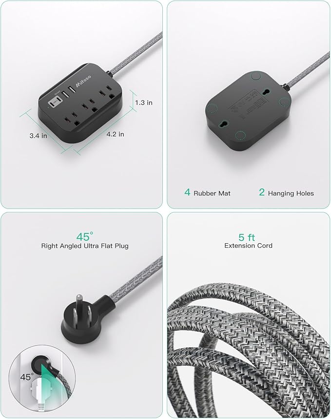 Travel Essentials - Mifaso Power Strip with USB, Compact Flat Plug Extension Cord 5ft with 3 Outlets 4 USB Ports, Non Surge Cruise Must Haves, Cruise Ship Essentials, Dorm Room, Apartment Essentials