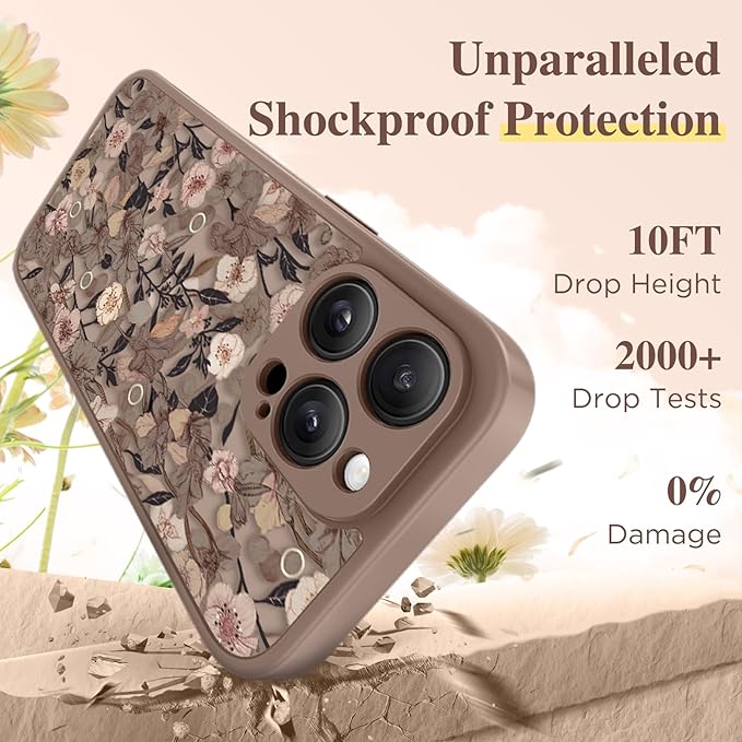 GVIEWIN for iPhone 15 Pro Case Compatible with MagSafe, [Military Grade Protection] [Screen Protector] Full Camera Protection Floral Translucent Women Magnetic Phone Case, Apricot Blossom/Brown