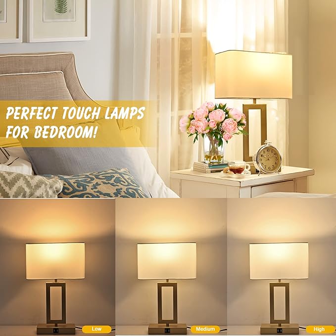 BrightWe Set of 2 Table Lamps with Dual USB Ports,Touch Control Bedside Lamps Nightstand Lamps for Bedroom, 3-Way Dimmable Modern Desk Lamps Living Room Office, LED Bulbs Included, Gold&White