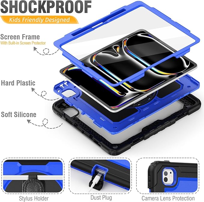 HXCASEAC for iPad Pro 13 Inch Case (M5/M4) 2025/2024, Shockproof Design with Pencil Holder, Protector, Rotating Stand, Hand Strap, Heavy Duty Protective iPad Pro13 Cover A3360 A3361 A2925 A2926, Blue