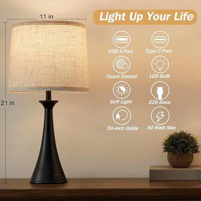 Touch Lamp for Living Room Bedroom, 21" Table Lamps Set of 2 with USB C+A Ports, Touch Bedside Lamps for Nightstand with 3 Way Dimmable, 2 LED Bulbs Included, Black