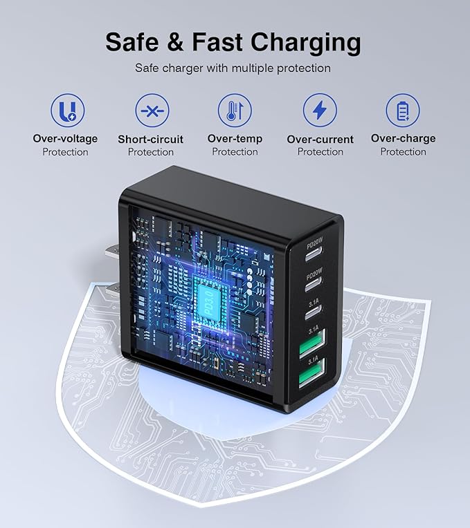 [2-Pack] USB C Wall Charger, 50W Type C Charger Block 5-Port Fast Charging Blocks,3USB C+2USB A Multiport Plug,PD Power Adapter Brick Cube for iPhone 17/16/15/14/13/Pro,iPad,Samsung,for Switch（Black）