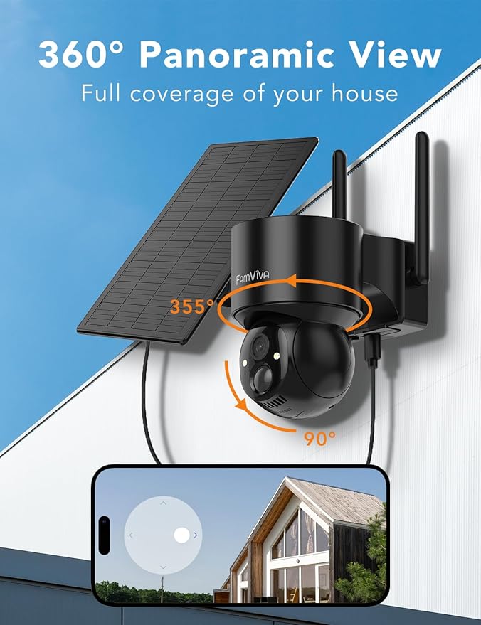 2K Solar Security Cameras Wireless Outdoor, 360°PTZ Battery Powered Cameras for Home Security, 2.4G WiFi Outdoor Camera with Color Night Vision, IP66 Waterproof, Motion Sensor Alarm, Black