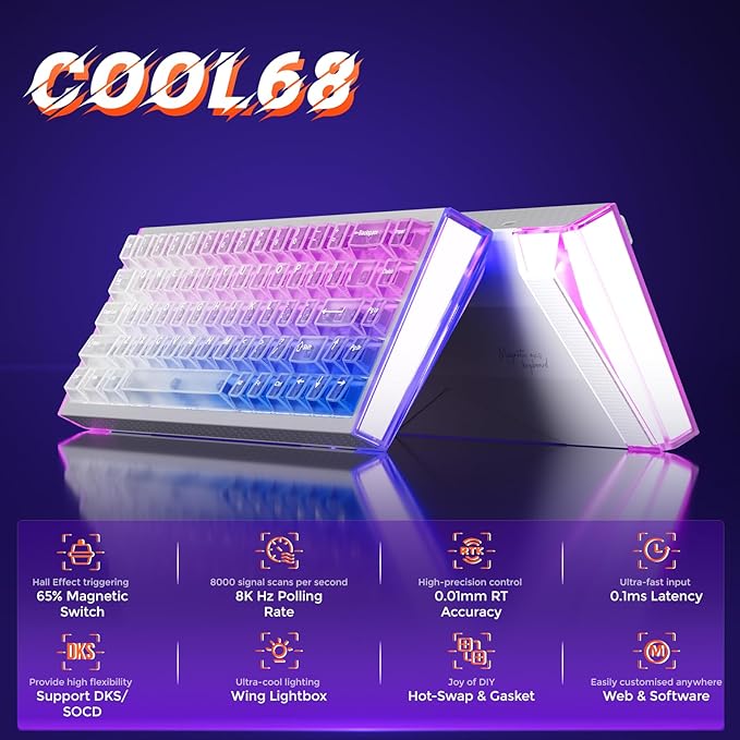 DAREU COOL68 60% Wired Gaming Keyboard, Rapid Trigger Magnetic Switch Keyboard with 8000Hz Polling Rate, Adjustable Actuation, 0.1ms Latency, Gasket Mount, Hot swappable, RGB Light