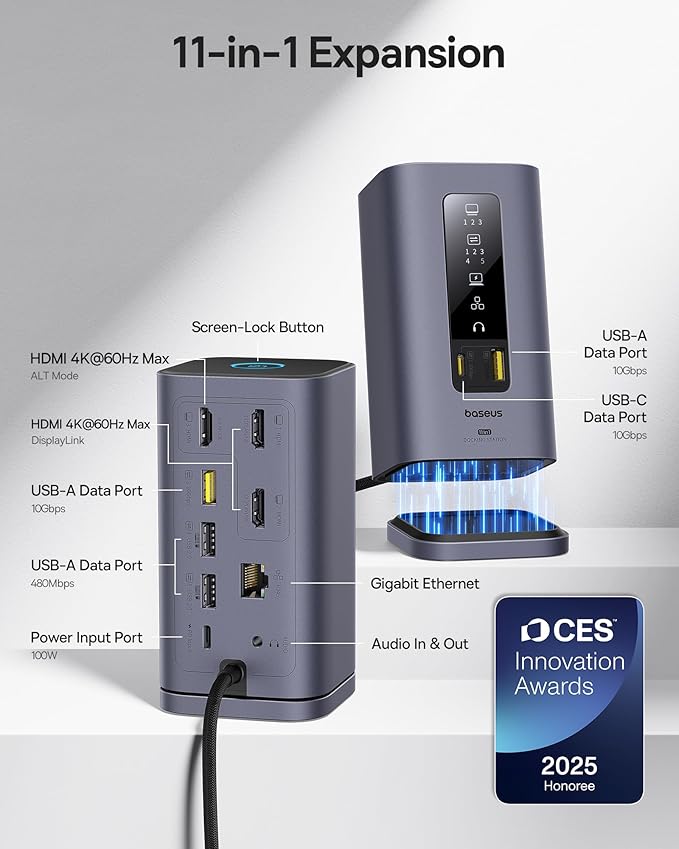 Baseus Spacemate Docking Station, 11-in-1 USB-C DisplayLink Docking Station for macOS Laptop, Triple Display with 4K HDMI, 10Gbps USB-C & USB-A, Ethernet, Audio, 100W PD Charging (Driver Required)