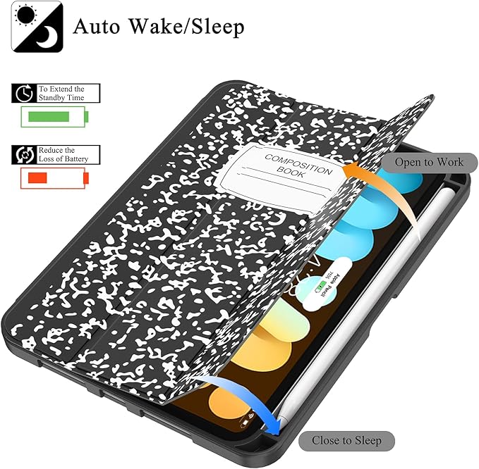 Soke Case for iPad mini 7(A17 Pro) 2024/iPad Mini 6 2021 8.3 inch with Pencil Holder-[Pencil Charging + Auto Wake/Sleep], Soft TPU Back Cover for iPad mini 7th/6th Generation(Book Black)