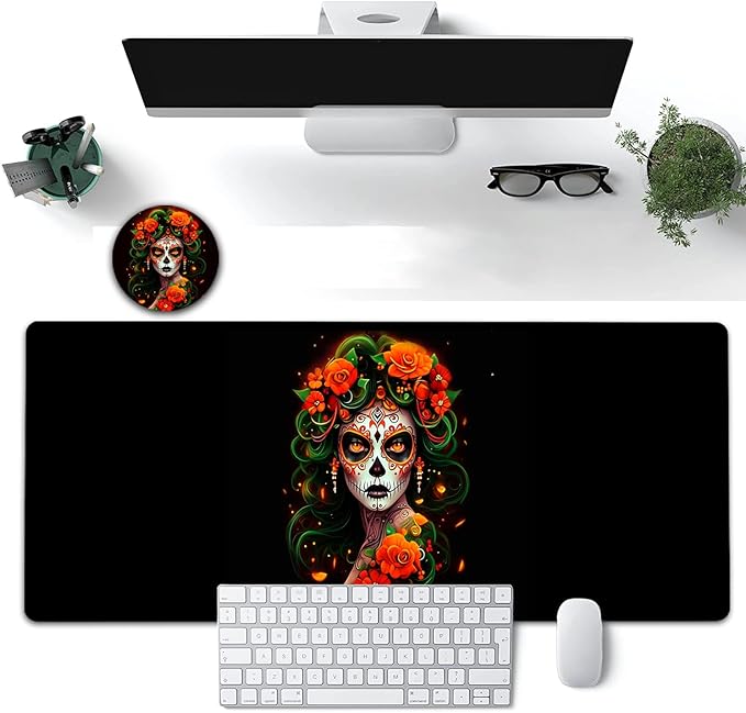 Large Mouse Pad, 31.5 x 11.8in Extended Gaming Mouse Pad with Stitched Edges, XXL Mousepad Protector Non Slip Rubber Base for Office & Home Writing Mat,Colorful Day of The Dead Women Black Desk Mat