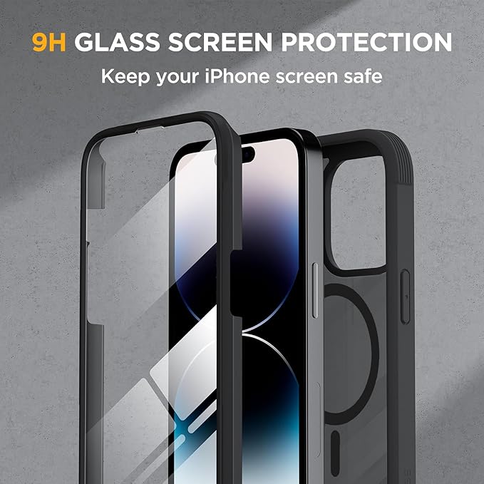 Miracase Magnetic for iPhone 14 Pro Case 6.1 inch, (Compatible with MagSafe) Upgrade Full-Body Clear Phone Bumper Case with Built-in 9H Tempered Glass Screen Protector, Magnetic Matte Black