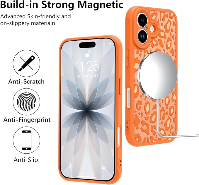 KANGHAR Case Compatible with iPhone 17 Orange Leopard Printed Pattern Compatible with Magsafe Cute Cheetah Protective Magnetic Case for Girls Women 6.3"
