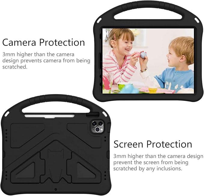 Kids Case for iPad Pro 11" 2022/2021/2020/2018 & iPad Air 5th/4th Gen, Techcircle Pencil Holder Lightweight Shockproof EVA Foam Handle Stand Anti-Slip Grip Rugged Cover, Black