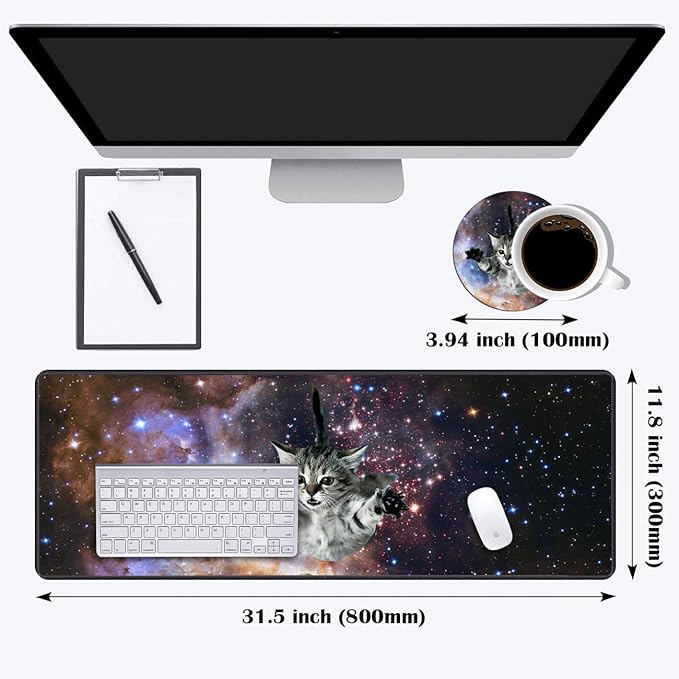 Desk Pad Mat Gaming Mouse Pads with Coasters Set, Stitched Edges Design Mouse Pad XXL Large Mouse Pad for Laptop Computers Galaxy Fly Cat Desk Writing Mat for Office & Home 31.5x 11.8