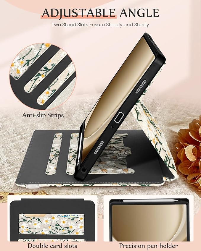 Uppuppy for Samsung Galaxy Tab A9 Plus Case 11'' - Women Girls Cute Embroidered Folio Stand Cover with Pencil Holder & Card Slot Girly White Daisy Flower Design Aesthetic Cases for Samsung Tab A9 Plus